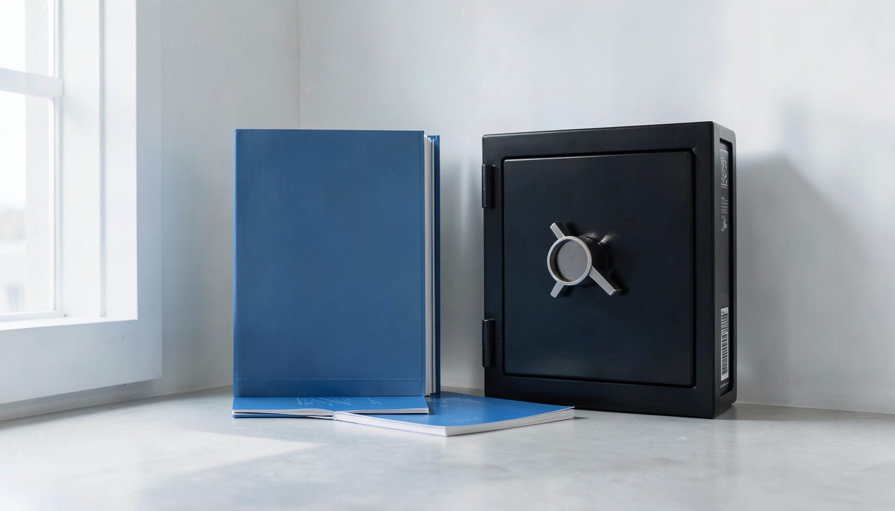 A clean architectural photograph of an open review journal beside a dark gun safe, soft daylight from a window, calm and studious mood.