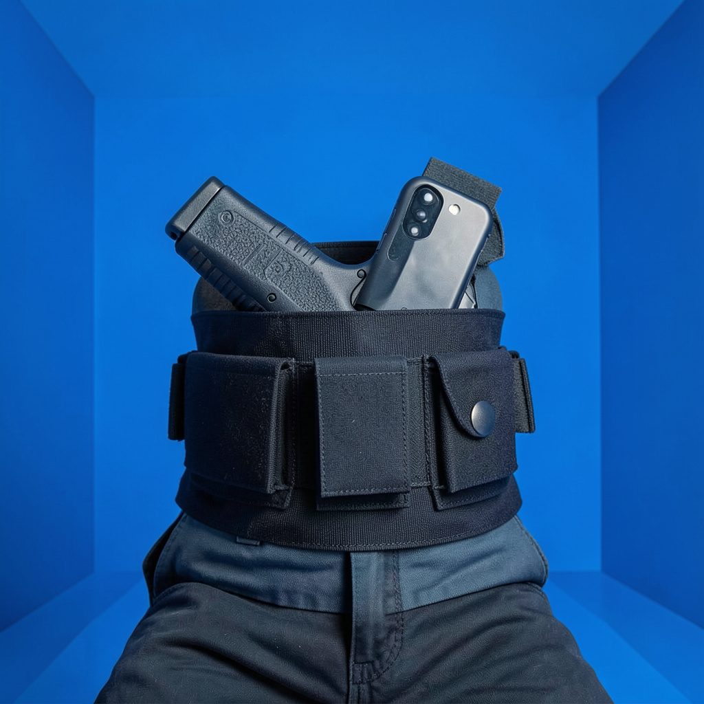 A pair of over-ear electronic shooting earmuffs with a matte black finish, resting on a wooden table beside a pistol