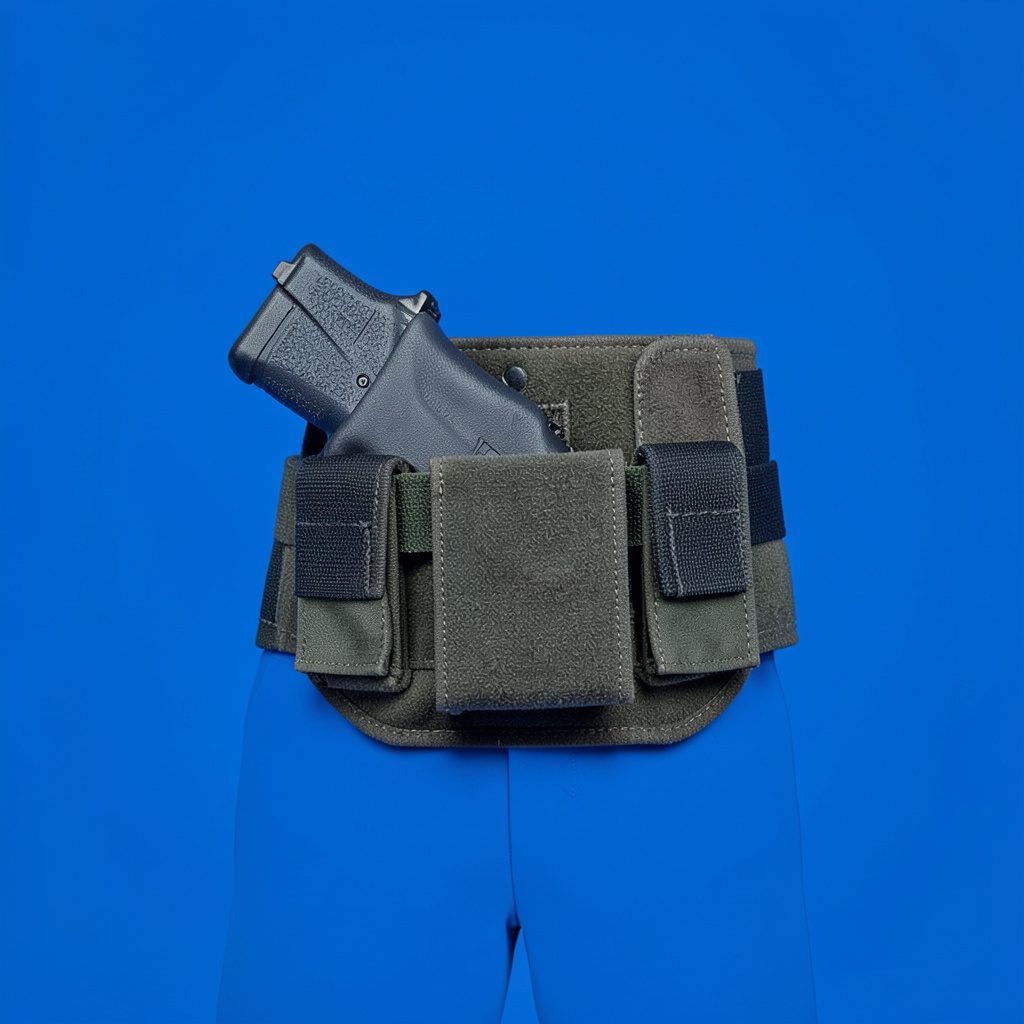 A close-up of a concealed carry ankle holster with a compact pistol secured, worn above a low-cut boot, dark fabric against denim