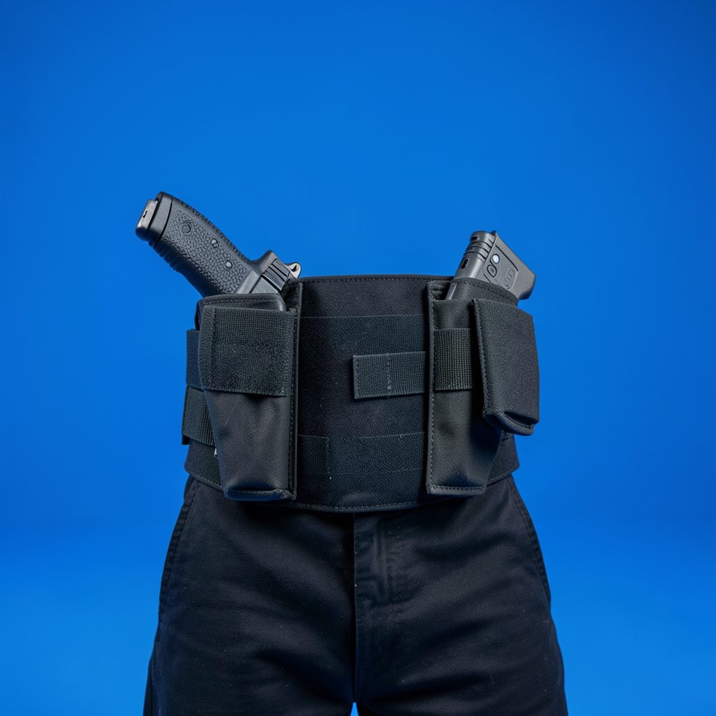 A discreet belly band holster laid flat on a wooden surface, showing its adjustable strap and magazine pouches.