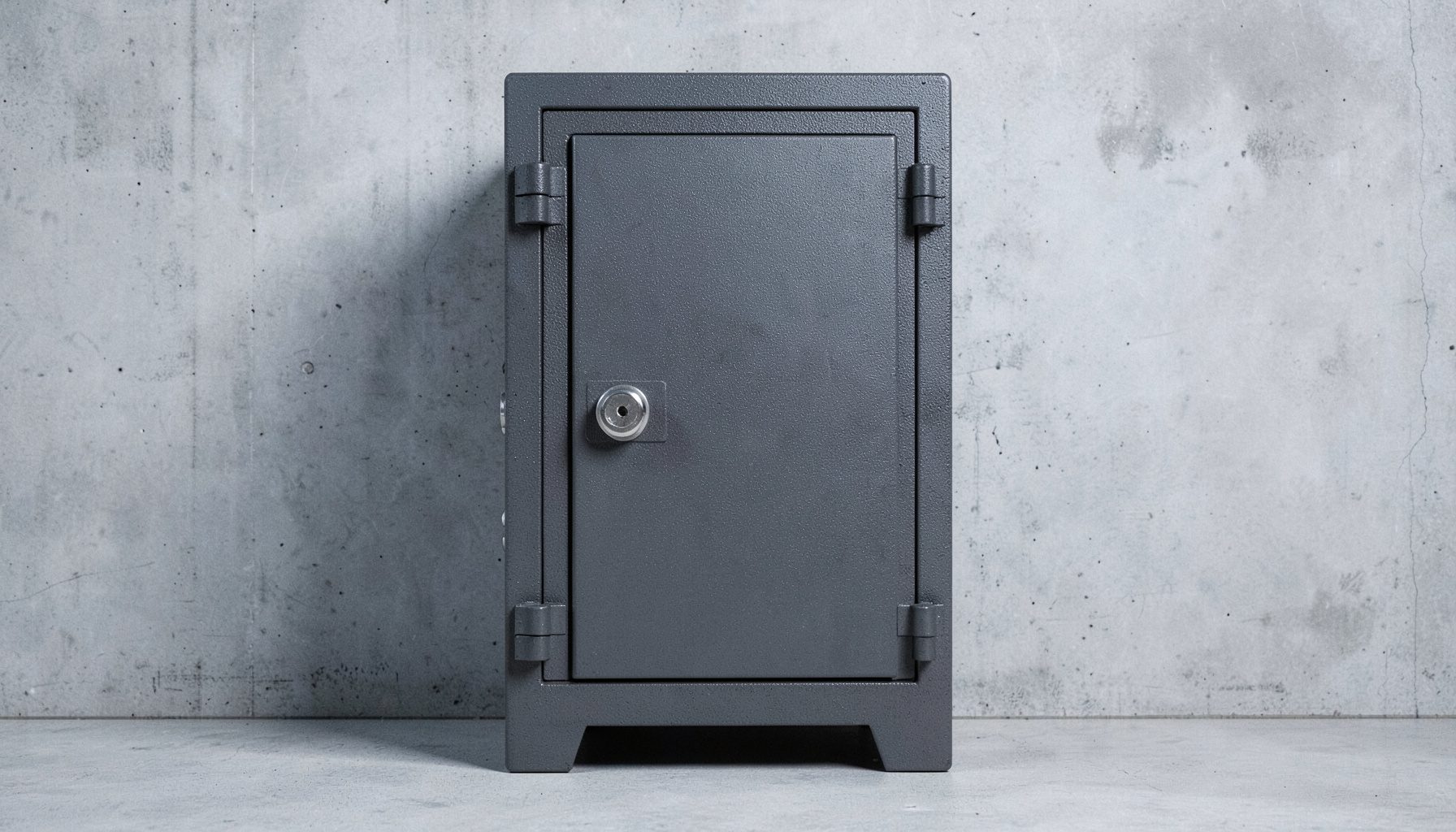 A heavy-duty fireproof gun safe with a textured charcoal-gray exterior and thick bolted door, standing against a concrete wall