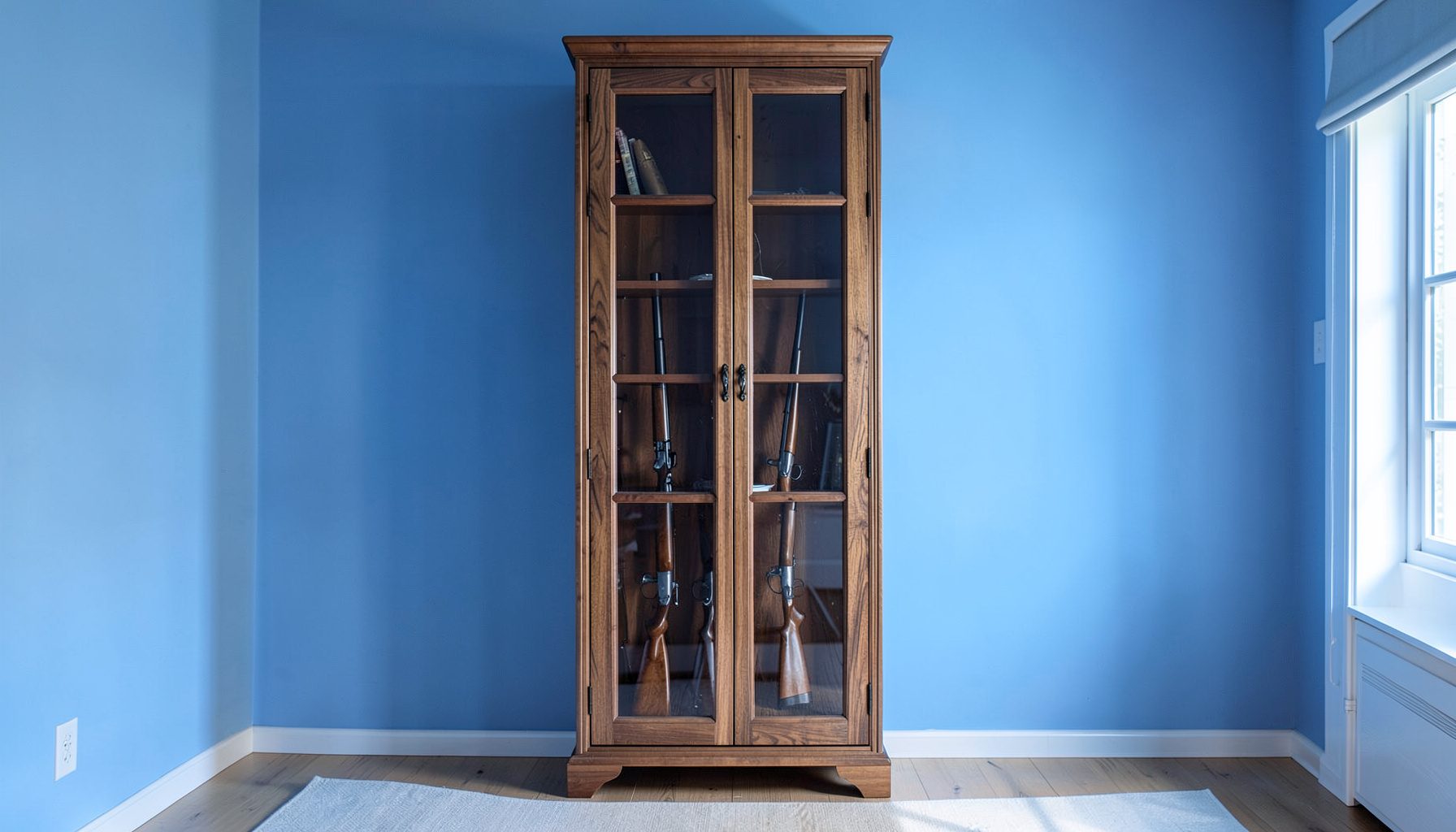 A tall wooden gun cabinet with glass-paneled doors, rich walnut stain, displaying several rifles in a home interior