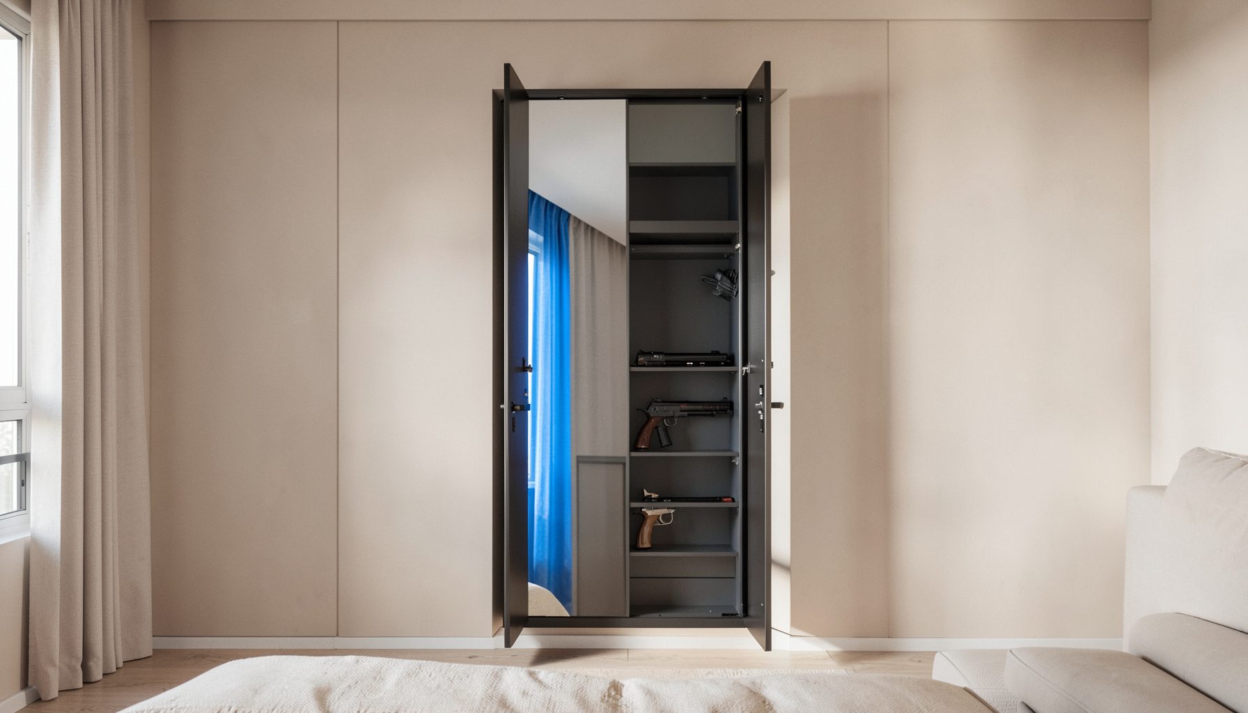 A full-length mirror that swings open to reveal a hidden gun cabinet, mounted on a bedroom wall with soft beige tones
