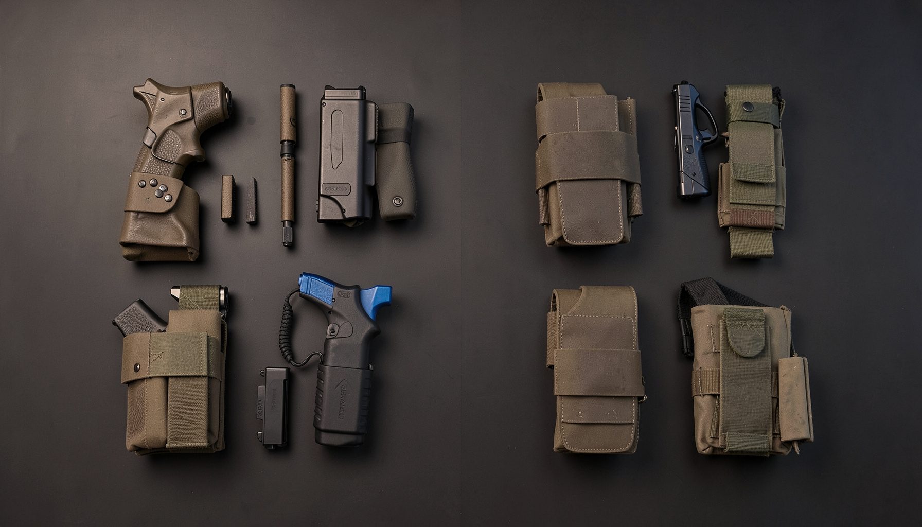 A clean, well-organized tactical gear display with holsters and shooting accessories arranged on a dark matte surface, warm neutral tones with subtle contrast