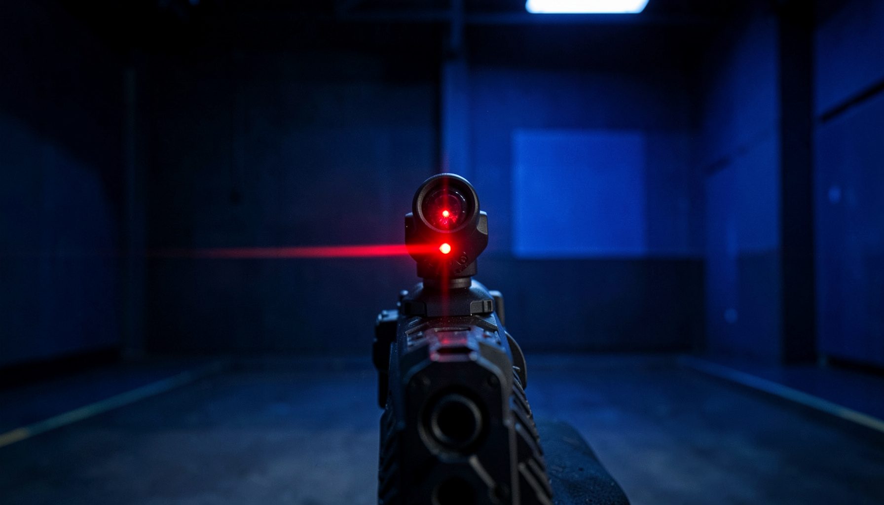 A compact laser sight mounted on a pistol rail, with a bright red beam visible against a dark indoor range backdrop