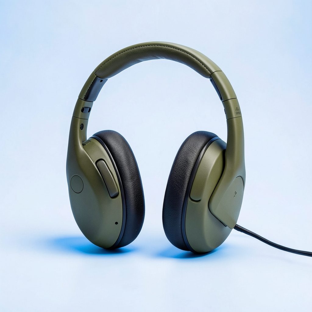 OPSMEN M31 electronic earmuffs in olive green with padded headband, shown against a light studio background