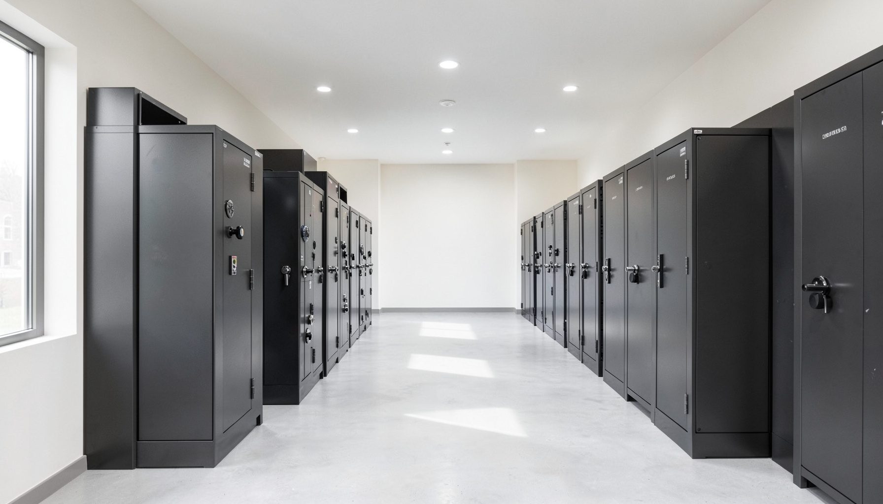 A clean, symmetrical architectural photograph of a modern gun safe showroom interior with soft natural light, pale walls, and orderly rows of dark steel safes, conveying security and calm professionalism.