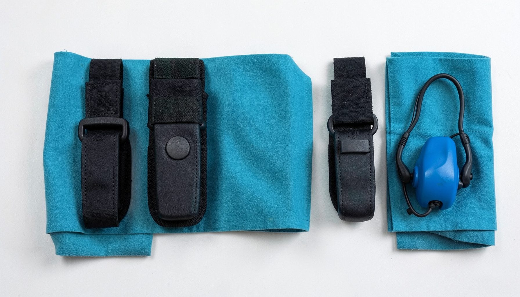 A softly lit flat-lay photograph of concealed carry holsters and hearing protection arranged neatly on a pale surface, with a teal accent cloth, clean and organized mood.