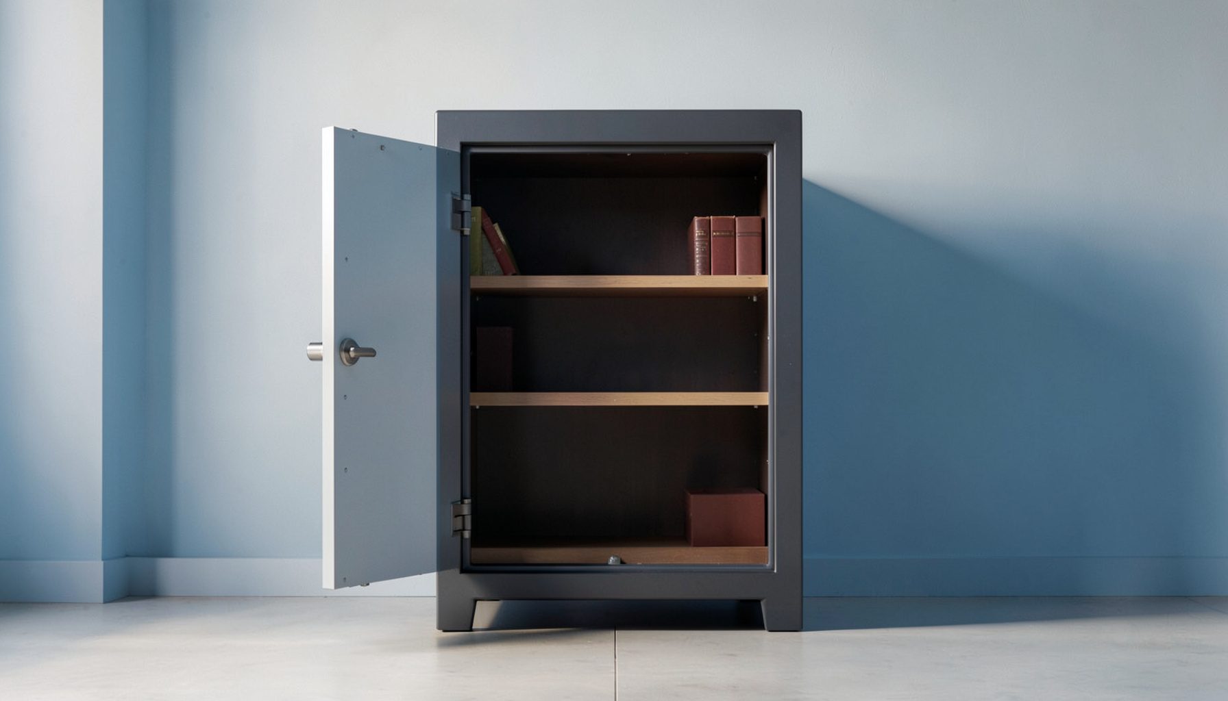 A softly lit interior photograph of a sturdy gun safe with an open door revealing organized shelves, set against a pale blue-gray wall, warm and reassuring mood.